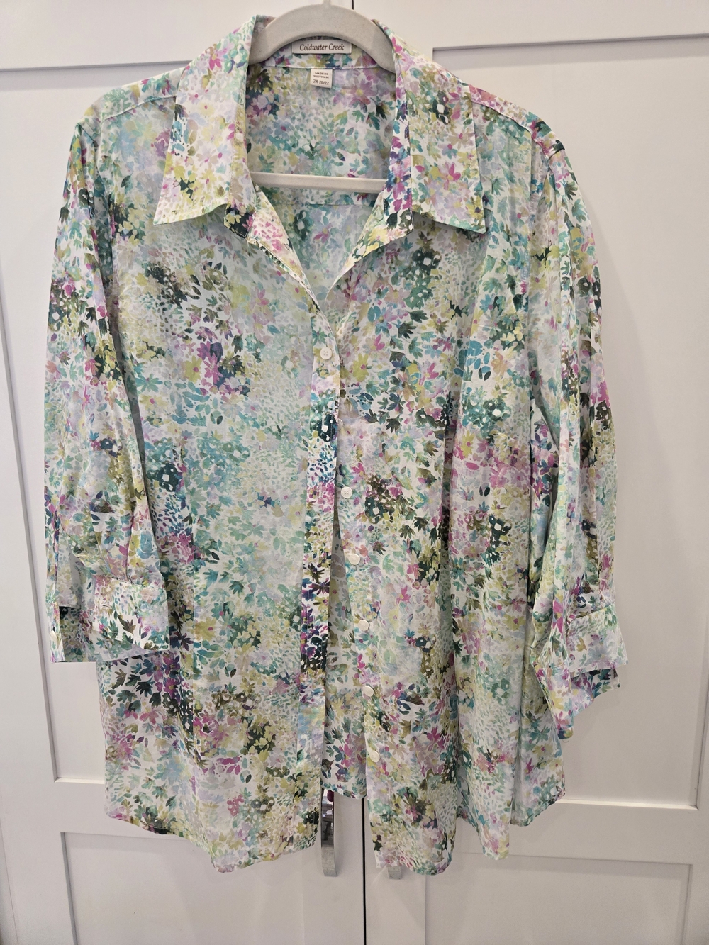 Coldwater Creek Pastel Floral Button-Front Blouse - Green, Pink, Blue